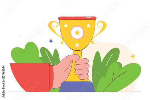 Human hand holding golden winner trophy vector illustration. Success concept