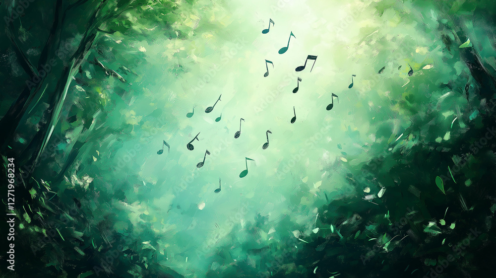 Fototapeta premium Music Notes Flowing Through Abstract Forest Illustration