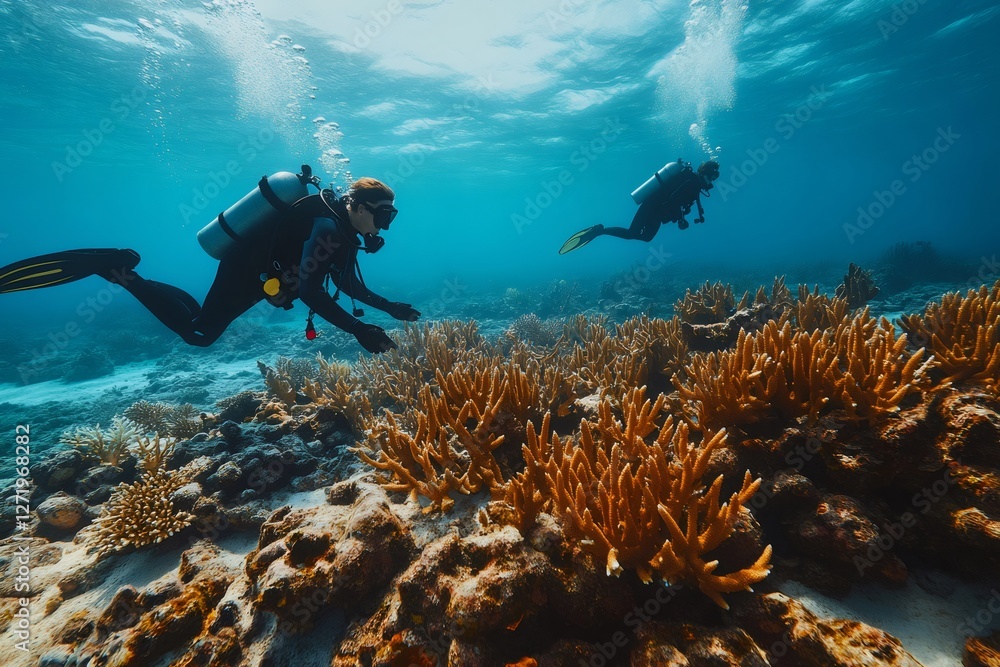 Divers exploring vibrant coral reef in tropical ocean waters Divers exploring vibrant coral reef in tropical ocean waters
