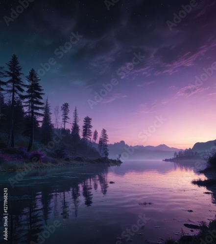 Enchanted twilight scene with gradual shifts of teal blue to purple tones on a dark canvas, dreamy scene , abstract background, twilight photo