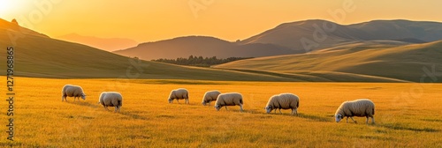 Seven sheep are grazing peacefully in a golden meadow, bathed in the warm glow of the setting sun, with rolling hills and a picturesque landscape creating a serene pastoral scene
