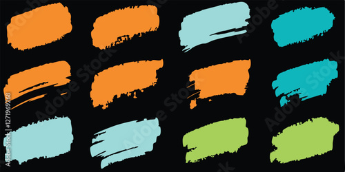 vintage color brush paint stroke set features hand-drawn lines, squiggles, scratches, and color swatches, with a retro, fun, and quirky childish feel, perfect for kindergarten art.