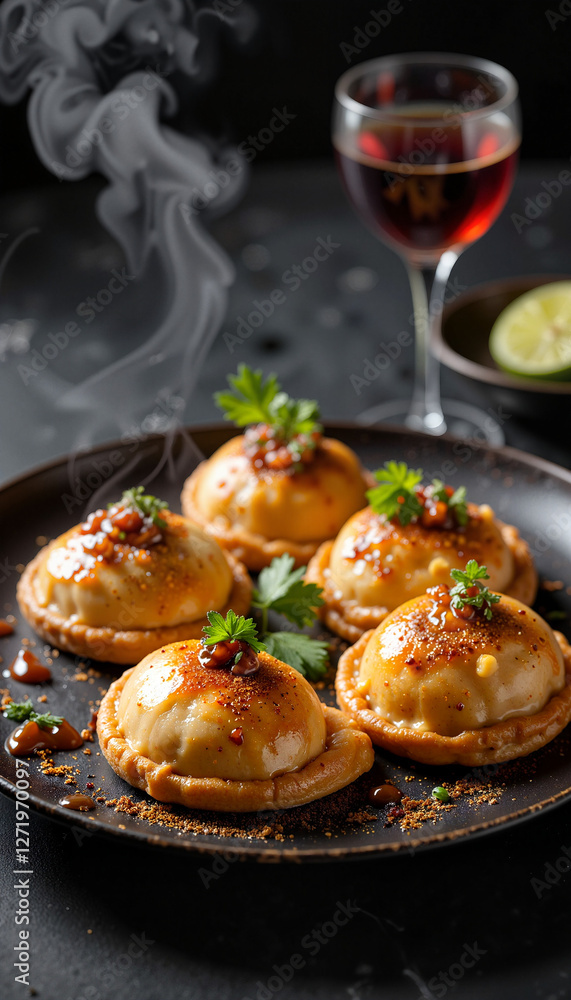 Elegant empanadas with chimichurri sauce on dining table, gourmet cuisine Elegant empanadas with chimichurri sauce on dining table, gourmet cuisine