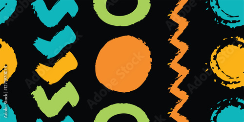vintage color brush paint stroke set features hand-drawn lines, squiggles, scratches, and color swatches, with a retro, fun, and quirky childish feel, perfect for kindergarten art.