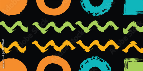 vintage color brush paint stroke set features hand-drawn lines, squiggles, scratches, and color swatches, with a retro, fun, and quirky childish feel, perfect for kindergarten art.