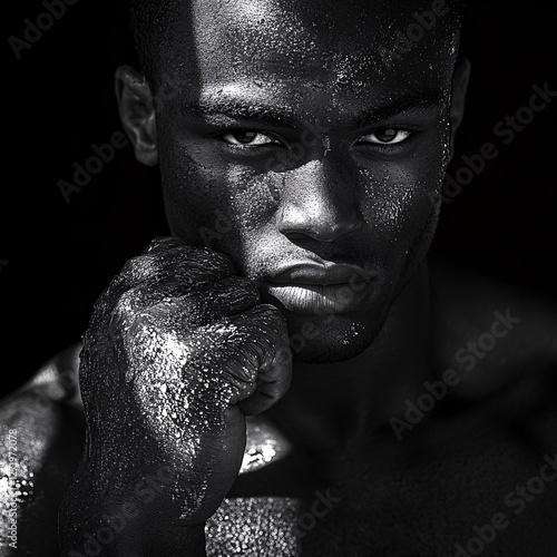 Strong man portrait, serious expression, dark background, fitness concept, for magazine cover