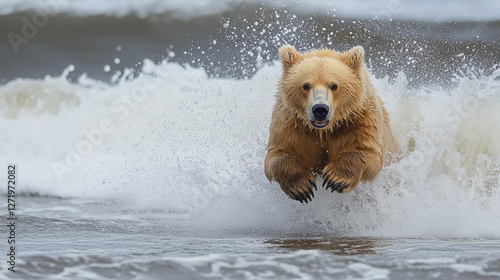 Bear leaps through ocean waves, golden fur glistening in the light, strong paws reaching forward. Energy and power embody this wild creature. photo