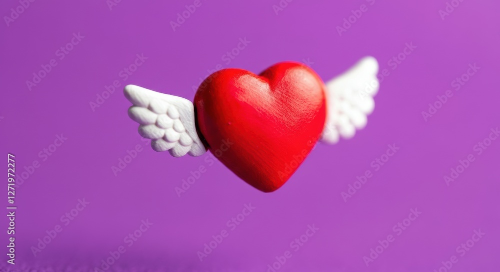 Fototapeta premium Red heart with white wings floating against a purple background