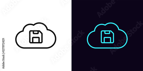 Outline cloud storage icon, with editable stroke. Cloud with diskette icon, cloud technology and security. Remote data storage, file save backup server, virtual database for safe update. Vector icon