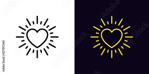 Outline sunny heart icon, with editable stroke. Sun heart shine with rays, sunshine love. Heart warmth beams, rays burst, love sunburst, warm happy feeling, love flash, amour beams. Vector icon