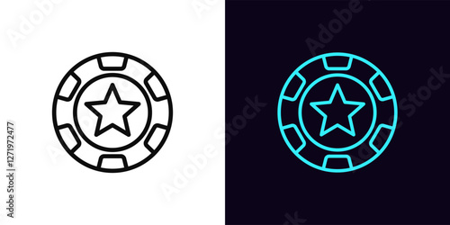 Outline star chip icon, with editable stroke. Poker chip with star icon, casino club. Poker game, gamble sport, casino token win, gaming chip, gambling roulette game, money reward. Vector icon