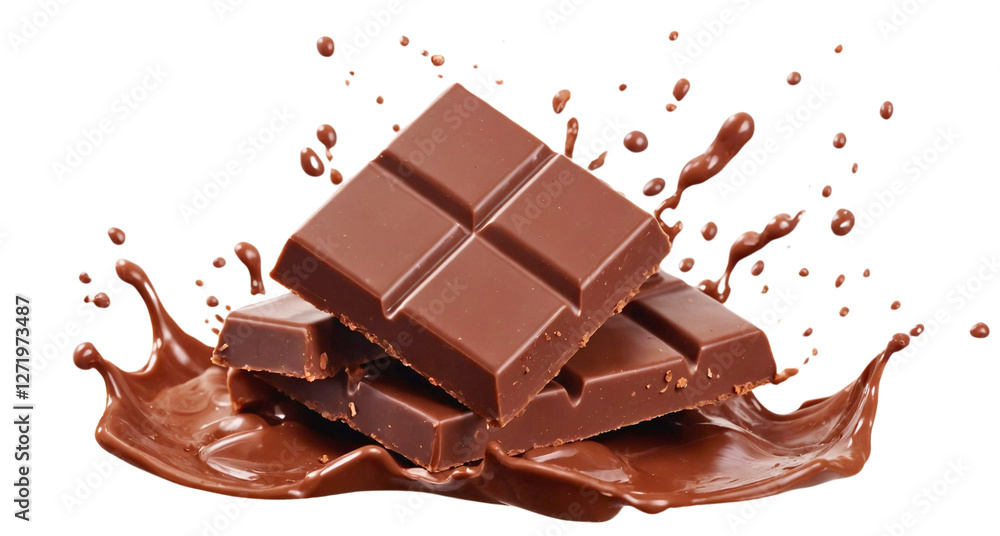 Fototapeta premium Delicious chocolate bar pieces falling into chocolate splash, cut out 