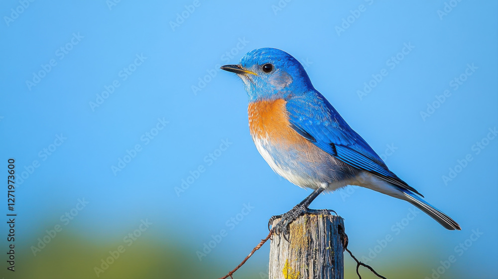 bluebird perched on fence post against bright blue sky, showcasing its vibrant colors and serene presence bluebird perched on fence post against bright blue sky, showcasing its vibrant colors and serene presence