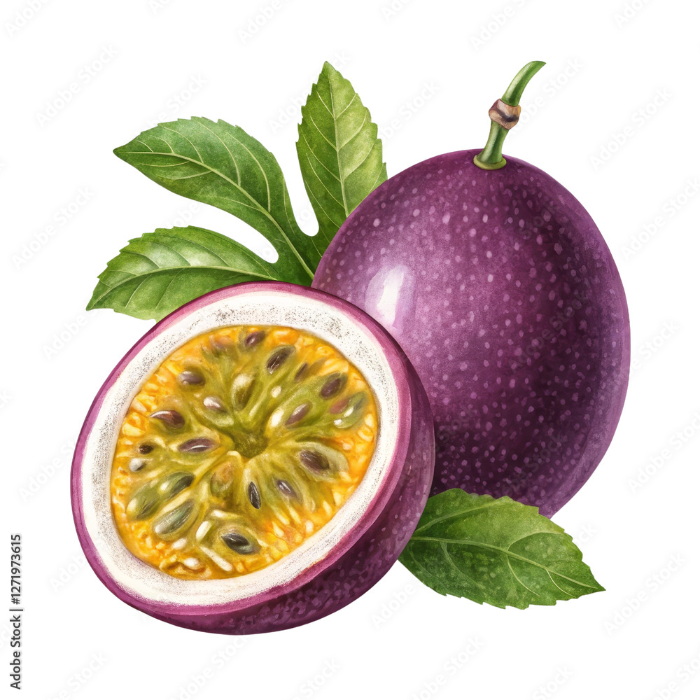 custom made wallpaper toronto digitalPassion Fruit Illustration Watercolor Style, Whole and Halved, Isolated on Transparent Background, Passion fruit, watercolor, illustration