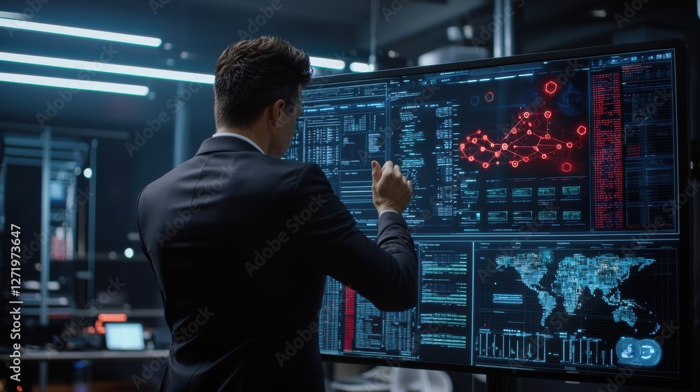 A man in a suit is pointing at a computer monitor displaying a map of the world A man in a suit is pointing at a computer monitor displaying a map of the world