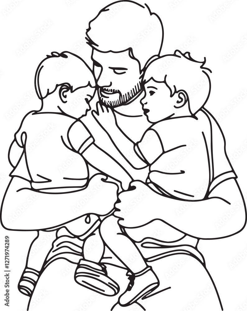 Warm Family Moment. Line Art of Dad Embracing Kids Warm Family Moment. Line Art of Dad Embracing Kids