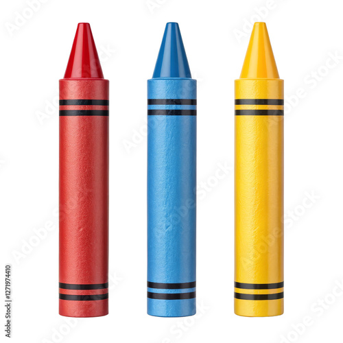 Three Crayons, Red Blue Yellow, 3D Render, Isolated on Transparent Background, Art Supplies, Crayon, Color, Back to School