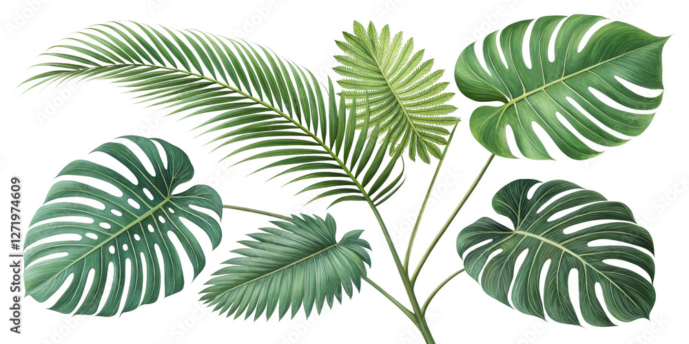 Tropical Palm Leaves Composition Digital Painting, Isolated on Transparent Background, illustration, Monstera, Palm, leaves Tropical Palm Leaves Composition Digital Painting, Isolated on Transparent Background, illustration, Monstera, Palm, leaves