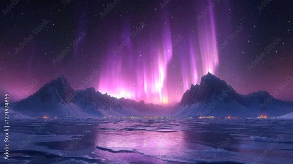 Fototapeta premium Arctic Aurora Borealis village night landscape