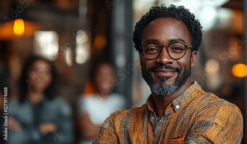 Happy African American Business Leader Standing with Arms Crossed in Front of Diverse Team – Smiling in Office
