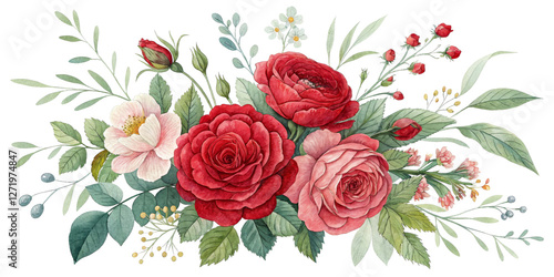Watercolor Floral Bouquet Composition Red and Pink Roses with Greenery, Isolated on Transparent Background, wedding, clipart, floral arrangement, Roses, Watercolor, Flowers
