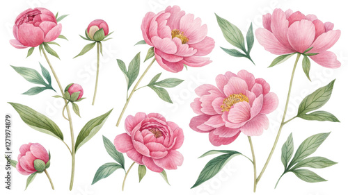 Watercolor Pink Peonies Floral Composition Isolated on Transparent Background, Botanical Illustration, Flower Clipart, Peony, Floral, Watercolor