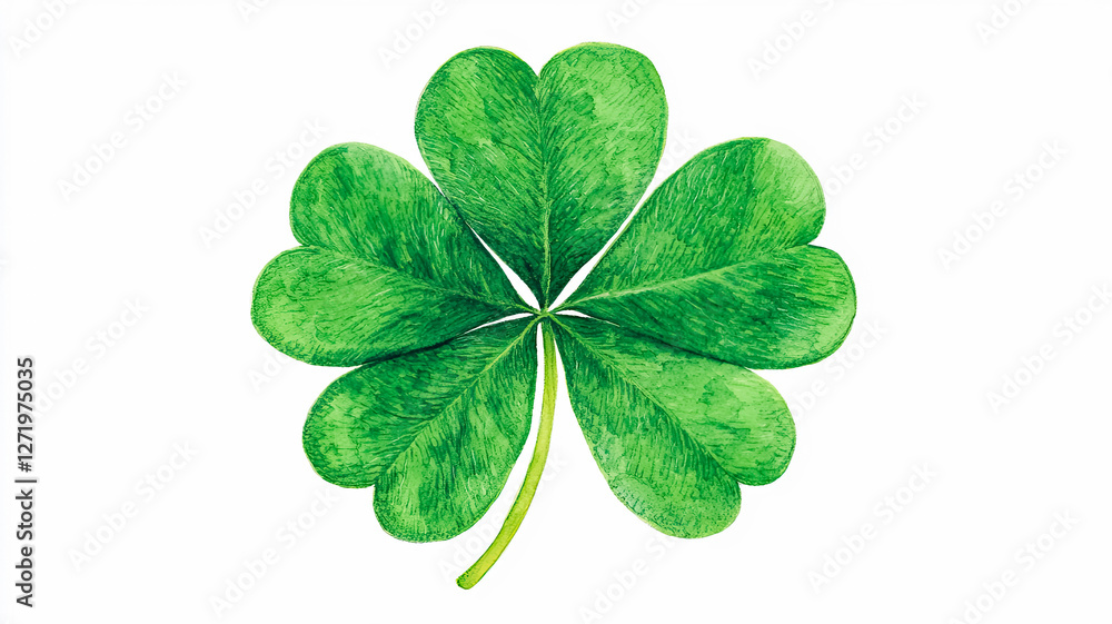 A vibrant green four-leaf clover, symbolizing luck and good fortune, rests against a plain white background., Saint Patrick's Day A vibrant green four-leaf clover, symbolizing luck and good fortune, rests against a plain white background., Saint Patrick's Day