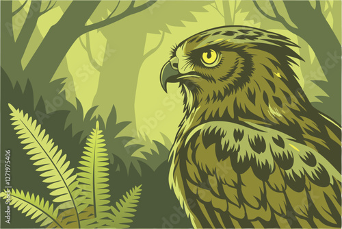  Majestic brown owl, piercing yellow eyes, ruffled feathers, lush green forest background, fern leaves, dramatic lighting, hyper-realistic, digital art, fantasy nature scene, detailed textures, vibr