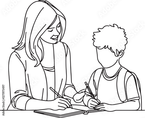 Female Teacher Explaining Task to Student. Line Art Vector Illustration