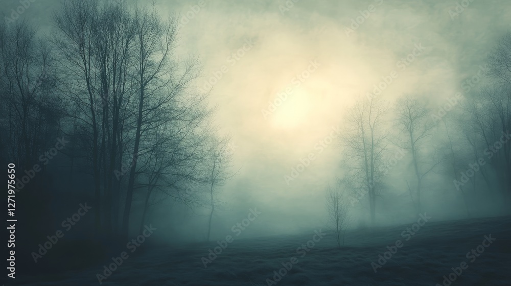 Fototapeta premium A landscape of bare trees emerges from thick morning fog
