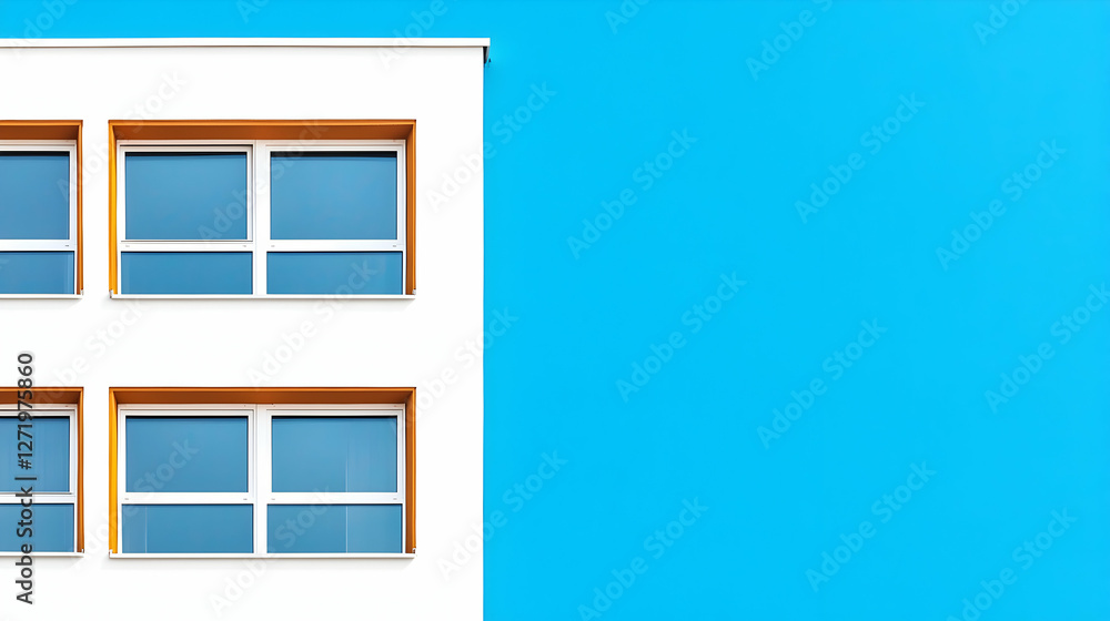 Obraz premium Modern white building, blue wall, sunny day, windows. Architecture design