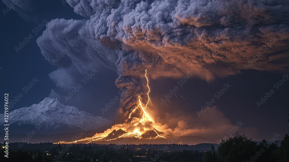 Fototapeta premium Volcanic eruption; fiery lava, ash cloud, lightning.