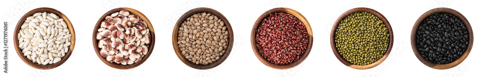 Raw assorted beans on wooden bowls isolated over white background Raw assorted beans on wooden bowls isolated over white background