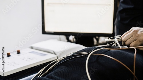 A closeup of biofeedback sensors adhered to a participants skin surrounded by wires and hightech gadgets while a researcher adjusts the settings on a nearby computer screen.