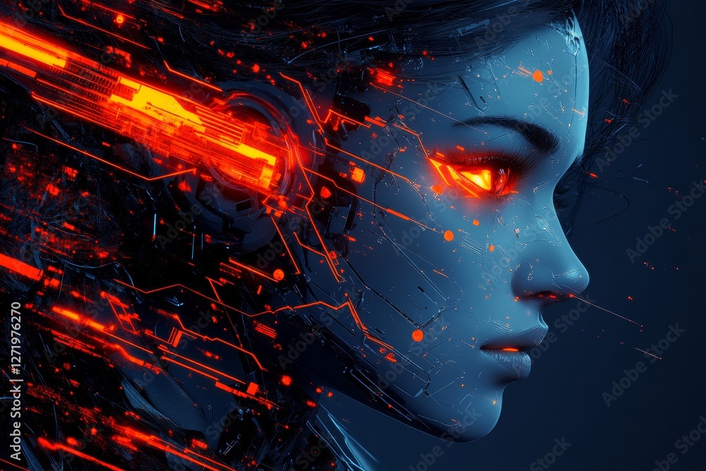 Futuristic portrait of woman with glowing digital patterns on her face, set against dark background, creating sci fi atmosphere Futuristic portrait of woman with glowing digital patterns on her face, set against dark background, creating sci fi atmosphere
