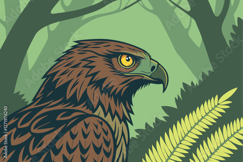  Majestic brown owl, piercing yellow eyes, ruffled feathers, lush green forest background, fern leaves, dramatic lighting, hyper-realistic, digital art, fantasy nature scene, detailed textures, vibr