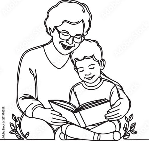 Grandmother and Grandson Enjoying a Storybook. Line Drawing Vector