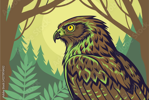  Majestic brown owl, piercing yellow eyes, ruffled feathers, lush green forest background, fern leaves, dramatic lighting, hyper-realistic, digital art, fantasy nature scene, detailed textures, vibr