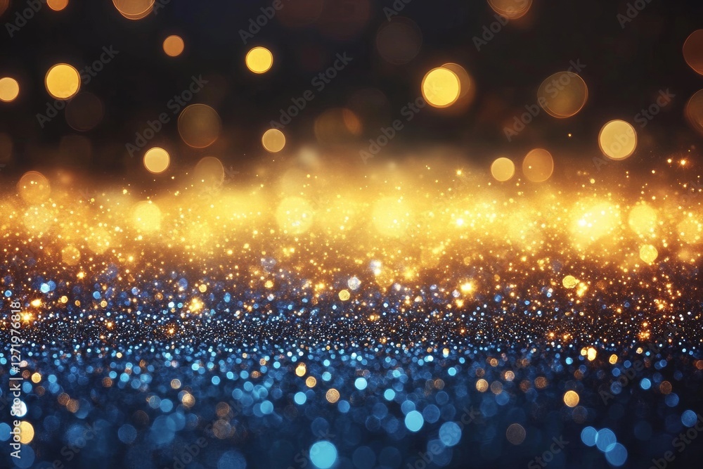 Glittery abstract background with shimmering blue and gold lights creates festive and magical atmosphere. bokeh effect enhances dreamy and elegant feel of image Glittery abstract background with shimmering blue and gold lights creates festive and magical atmosphere. bokeh effect enhances dreamy and elegant feel of image