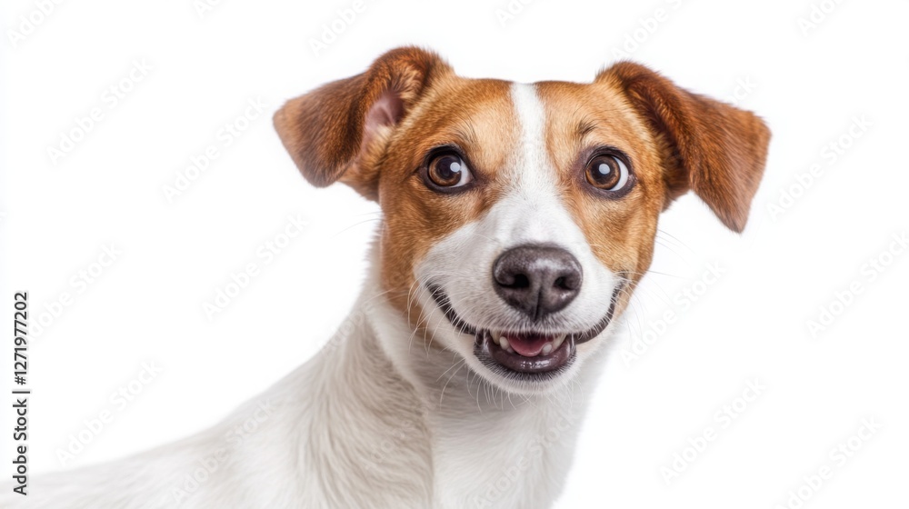 Happy dog with bright eyes and expressive face in a playful mood against a white background Happy dog with bright eyes and expressive face in a playful mood against a white background
