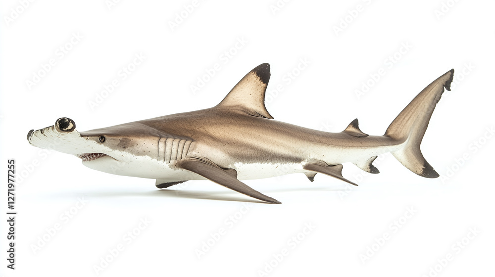 Fototapeta premium Hammerhead shark swimming, isolated on white background, realistic depiction of a predatory marine animal, ocean wildlife and underwater predator concept.
