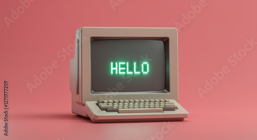 Vintage computer displays greeting on retro pink background, showcasing nostalgic technology and design