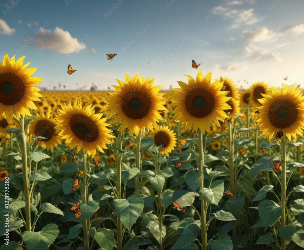 Fototapeta premium Colorful field of sunflowers with a few butterflies flying around the tall stems, nature, sunflowers