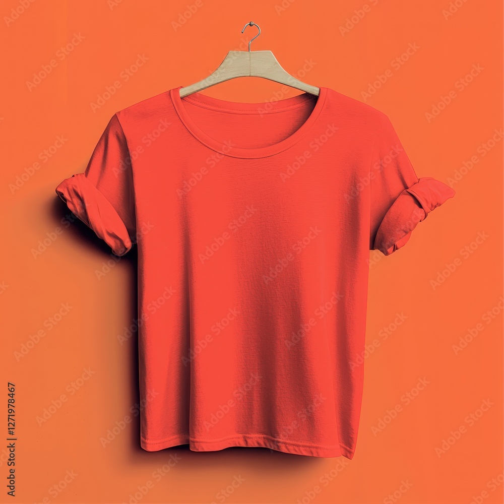 Casual t-shirt with rolled sleeves on a bold solid orange background, hanging display Casual t-shirt with rolled sleeves on a bold solid orange background, hanging display
