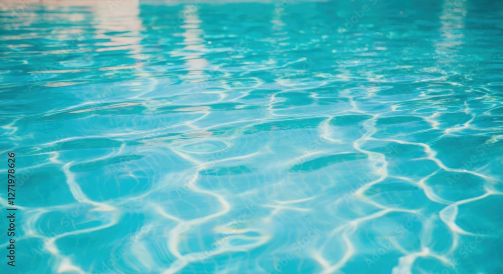 Clear turquoise water with gentle ripples and reflections of sunlight in a swimming pool under blue sky Clear turquoise water with gentle ripples and reflections of sunlight in a swimming pool under blue sky