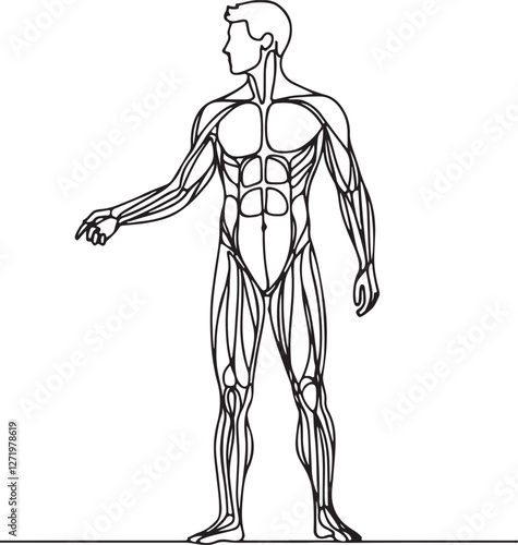 Detailed Anatomy of Man in Line Drawing – Standing Position