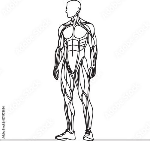 Detailed Anatomy of Man in Line Drawing – Standing Position