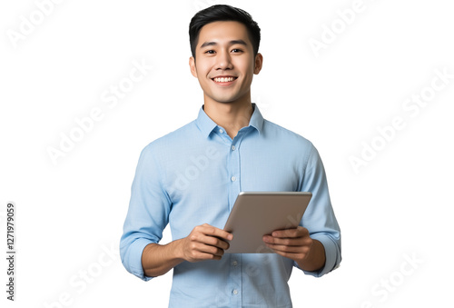 Close-up portrait of a smiling man holding a tablet