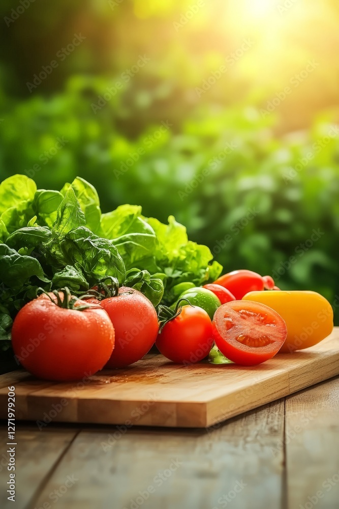 Fresh organic vegetables on rustic wooden table with natural sunlight illuminating ripe tomatoes and green lettuce emphasizing healthy eating farm to table concept and sustainable agriculture Fresh organic vegetables on rustic wooden table with natural sunlight illuminating ripe tomatoes and green lettuce emphasizing healthy eating farm to table concept and sustainable agriculture