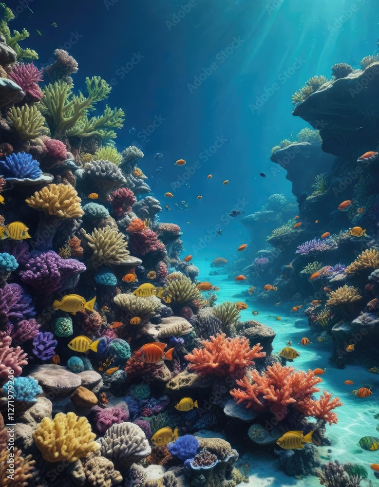 Fototapeta premium Coral reef teeming with marine life and colorful fish, coral reef, turquoise water, ocean creatures